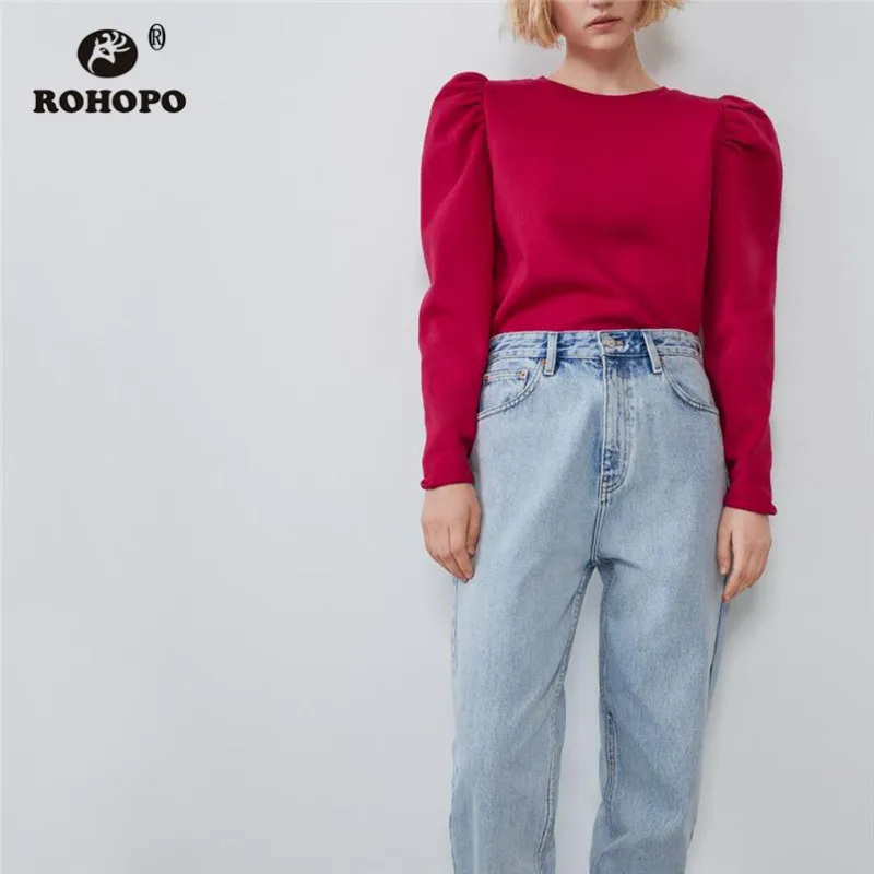 

ROHOPO Round Collar Puff Long Sleeve Sweatshirt Red/Grey/Black Solid Chic Female Jersey Autumn Tops Hoodies #6203