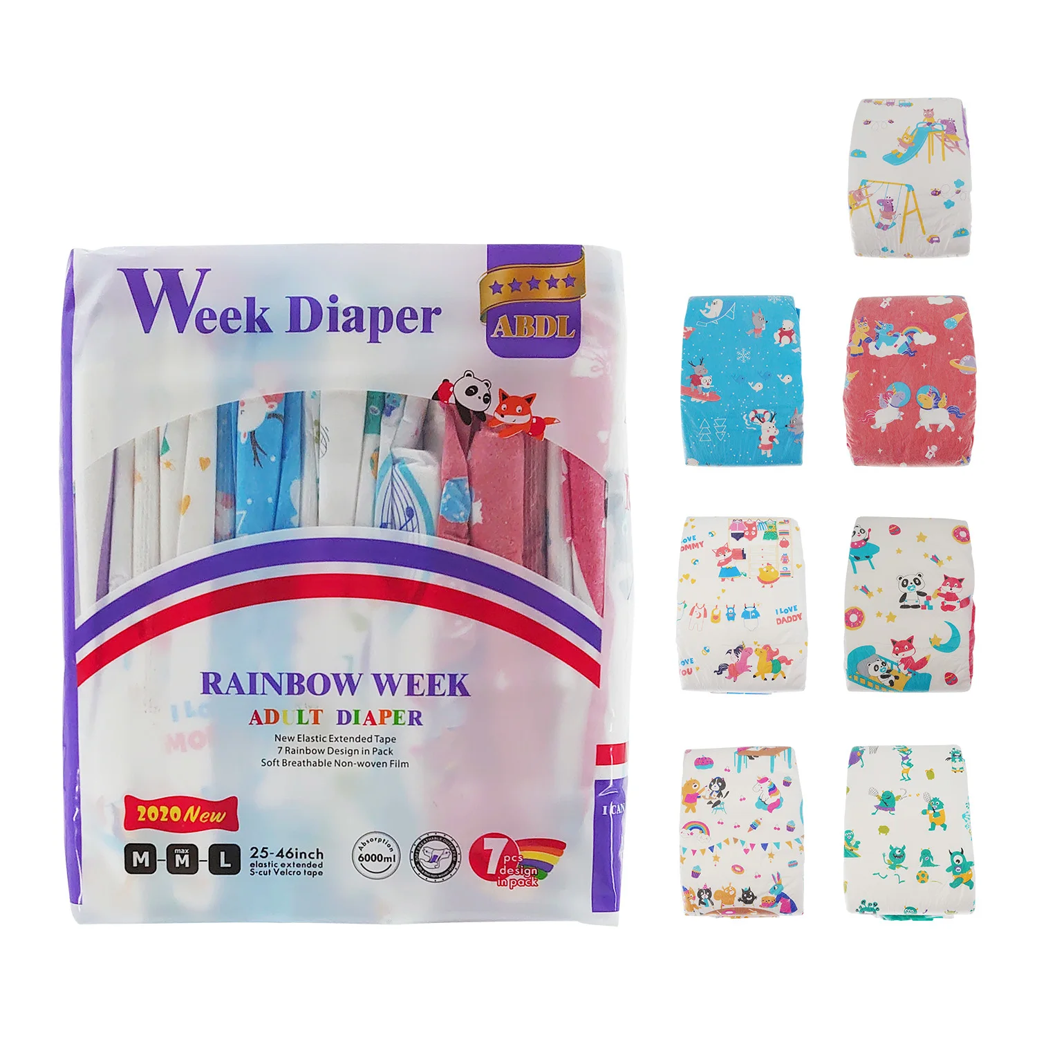 

TEN@NIGHT Rainbow Week Diaper ABDL Extra Large Size Panda Printed Diaper Stretchy Waist DDLG Diaper Different 7pcs In A Pack