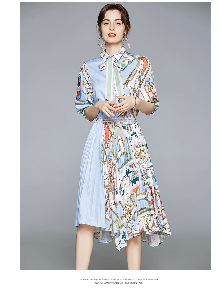 Runway Skirt 2 Piece Set Women Bow Tie Sashes Half Sleeve Floral Blouse Shirts and Irregular Pleated Skirt Women Clothing Set