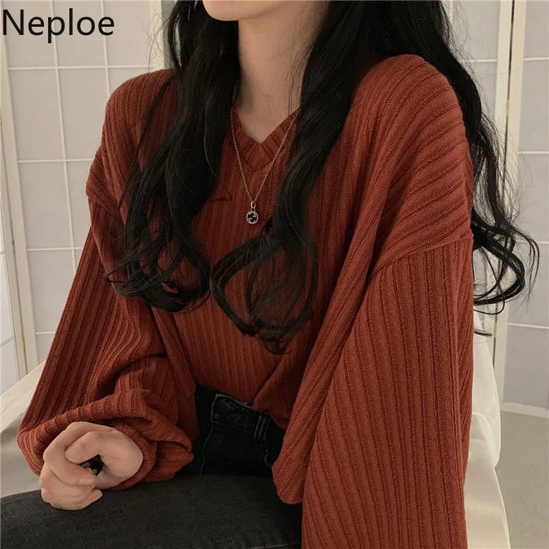 V Neck Lantern Long Sleeve Knit Pullover Sweater Women Retro Loose Crazy Style Short Mutlicolor Pull Femme Autumn 48271
