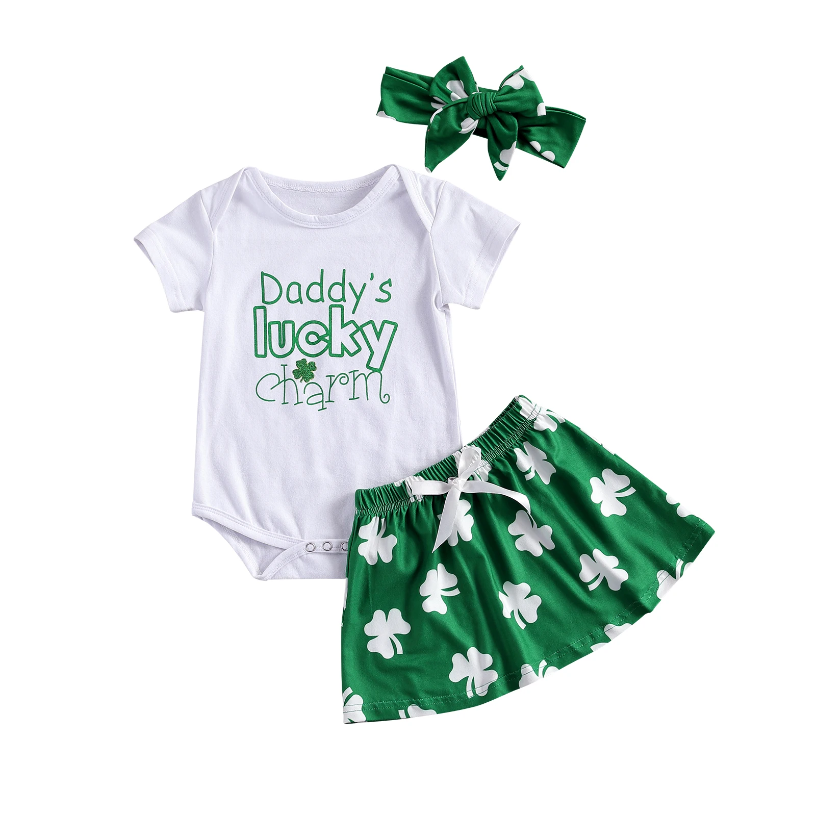 

OPPERIAYA lovely Baby Girls Bodysuit Skirts Suit Clover Printed Round Neck Short Sleeve Loose Half skirts Bowknot Headband