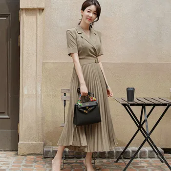 

Pleated Women Dress Elegant Office Korean Dress Waistband Luxury Women Dresses Sashes Vestidos De Fiesta Maxi Dresses