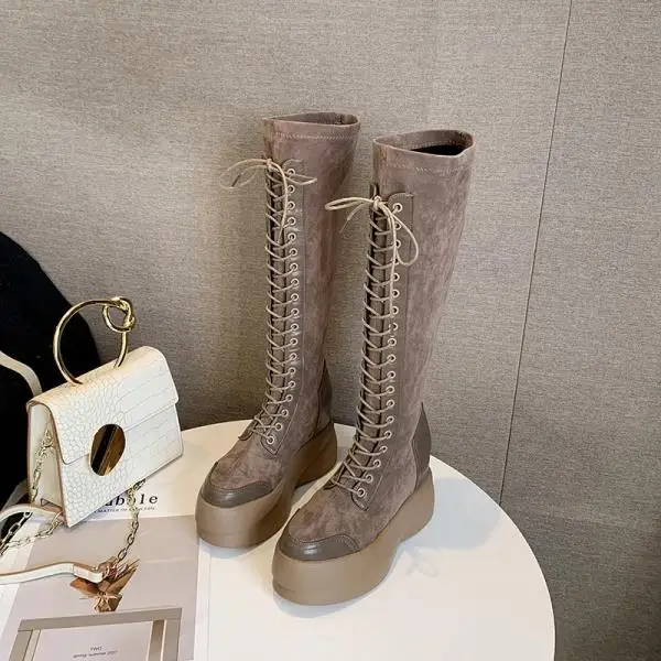 Bootee/ г.; женские ботинки с круглым носком; мартинсы; роскошная дизайнерская обувь со шнуровкой на Плоском Каблуке; пикантные ботфорты на высоком каблуке - Цвет: 2