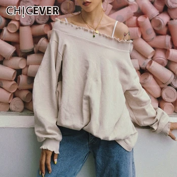 

CHICEVER Knitting Pullover Sweatshirt Women Slash Neck Off Shoulder Lantern Sleeve Loose Casual Autumn Sweatshirts Female 2020