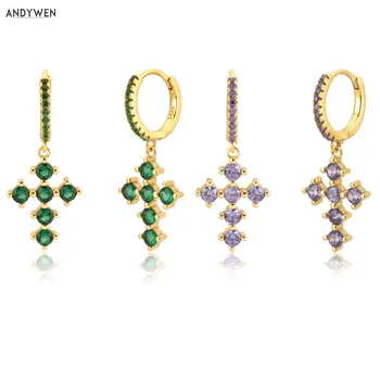 ANDYWEN 100% 925 Sterling Silver Rainbow Cross Dangle Charm Drop Earring Piercing Zircon Ohrringe Jewelry Rock Punk Pendiente