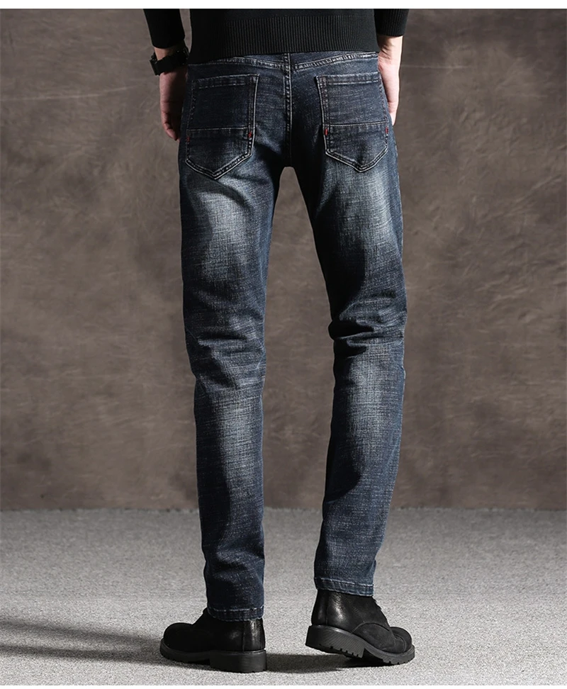 Весна-Осень, оригинальные мужские джинсы, классический стиль, модные Стрейчевые джинсы, облегающие мужские брюки, черные, синие, HR1202