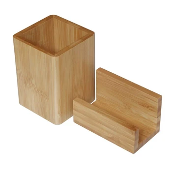 

Bamboo Wooden Pen Holder Cup and Desk Business Card Holder Stand for Office Home School Table Top Counter Organizer 2 Packs