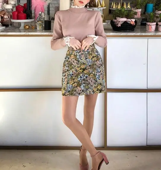 2022 autumn Fake Two Piece Lace Sleeve Bottoming Sweater Wild Knit Shirt