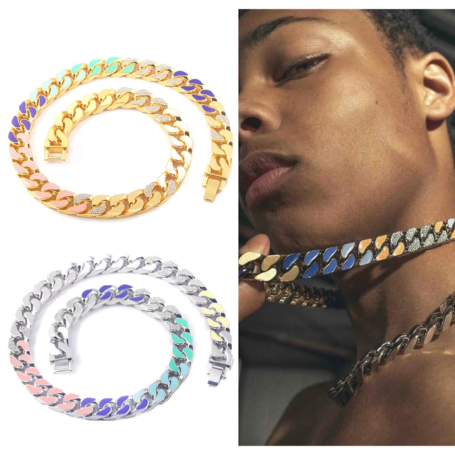 2021 Rainbow Miami Cuban Chain Mens Necklace Gold Silver Color Rhinestone  Cz Clasp Choker For Rapper Hip Hop Fashion Jewelry - Necklace - AliExpress