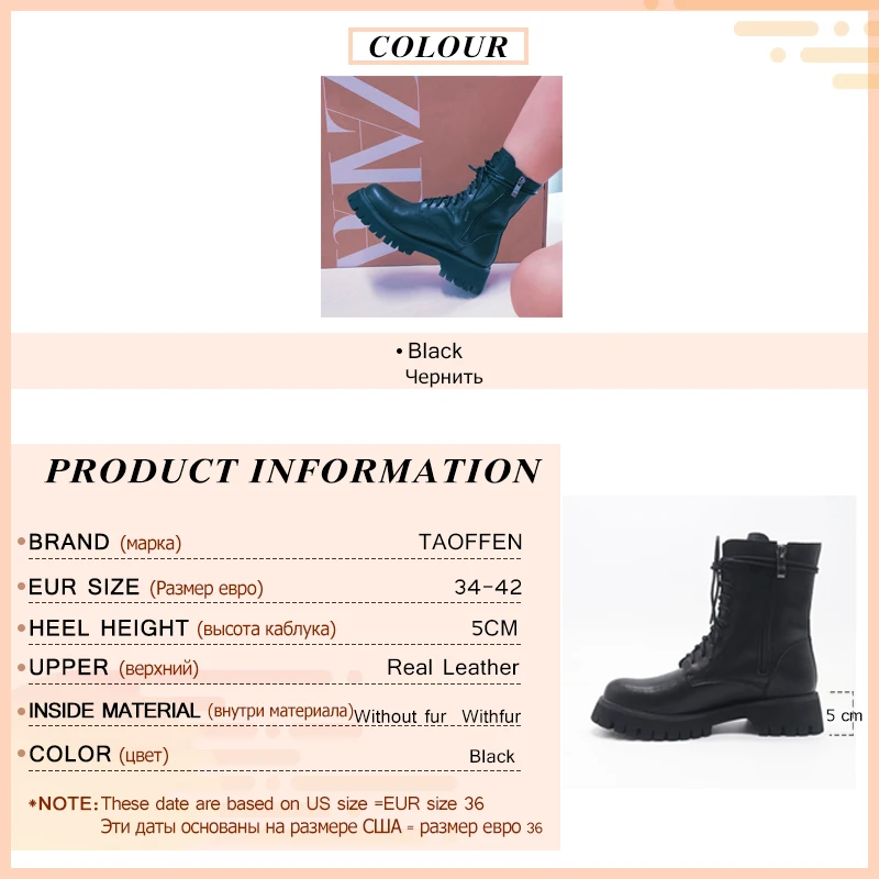 Taoffen New Women'S Ankle Boots Real Leather Lace Up Women Winter Shoes Fashion Cool Short Boots Women Footwear Size 34-42 2