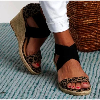 

2020 Summer Women Sandals Elastic Band Peep Toe Wedges Woman Shoes Cross Platform Hemp Bottom Ladies Sandals Female Plus Size