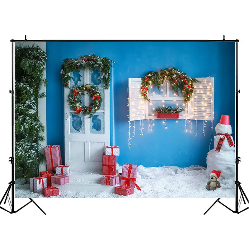 

NeoBack Christmas Backdrop Blue Wall Christmas Decor Photography Backdrops Gifts Snowman Children Background Photography