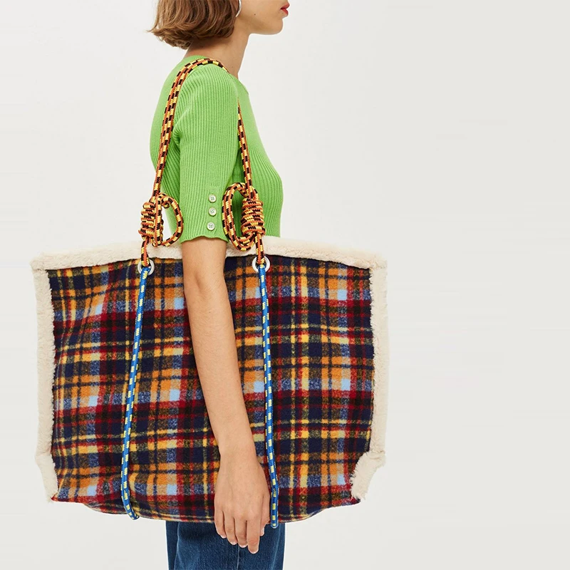 

Wool Totes Plaid Shoulder Bag Tote Bag Knot Woven Shoulder Strap Shopping Handbag British Style Large Capacity 3Colors A1902