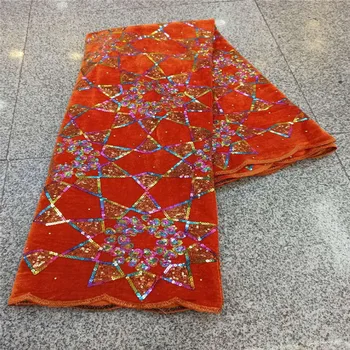 

Latest African sequins Lace Fabric 2020 orange High Quality Velvet Lace Royal Orange Nigerian Lace Fabrics For Wedding Dress