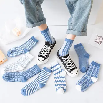 

New Fashion Style Cotton Socks Women's Socks Cotton Harajuku Ladies Vintage Blue Plaid Socks Stripes Grids Tube Sock Sox
