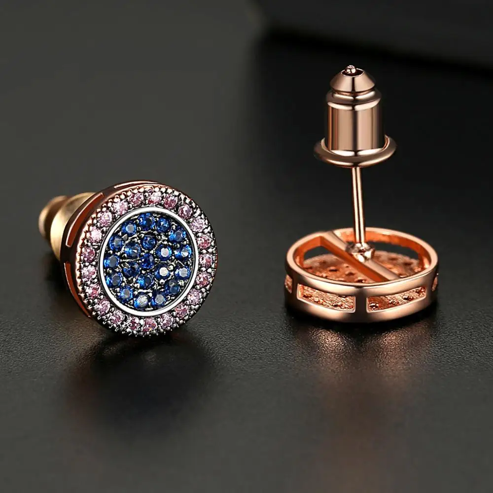 JINSE Punk Blue Cubic Zirconia Men's Stud Earrings Round Geometric Multicolor Charm CZ Stone Iced Earrings Hip Hop Jewelry Gift