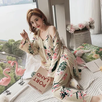 

3pcs Shirt+Pants+Outwear Champagne Sleepwear Cotton Pajamas Set Women Summer Clothes Robe With Chest Pad Female Sleepwear Suit