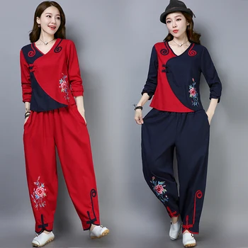 

2020 woman traditional chinese clothing sets retro embroidery full sleeve hanfu women elegant oriental tang suit set
