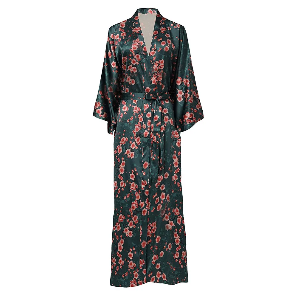 

Plus Size Summer Women Elegant Robe Kimono Gown Casual Soft Ankle-length Sleepwear Homewear Exquisite Print Flower Nightwear