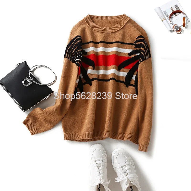 

Jacquard Stripes Feather Pattern Female 2020 Season Round Neck Leisure Loose Slip Rotator Cuff Sweater