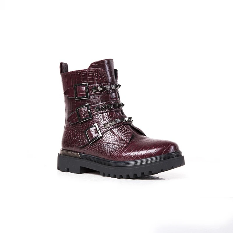 REAVE CAT Girls Motorcycle Ankle Boots Big Buckles Plush warm Leather Waterproof Boots Rome Style Round Toe Platform Size 25-38
