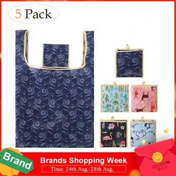 

5 Pack Reusable Grocery Tote Bags Cute Designs Folding Shopping Bag With Pouch Eco Friendly Washable Cloth Heavy Shopping Bag