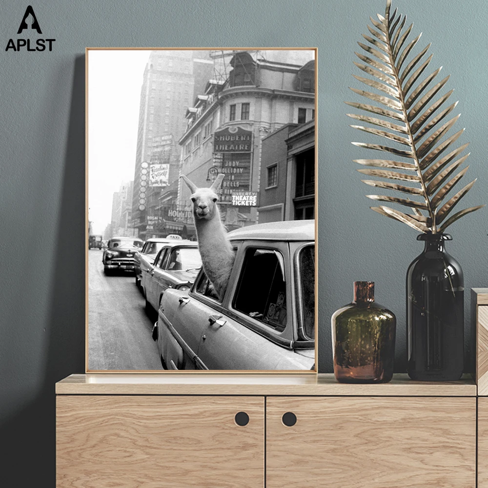 Забавная Картина на холсте, альпака, лама в Нью-Йоркском городе, такси, животные, печать, плакаты, настенные художественные фотографии для детского спального общежития