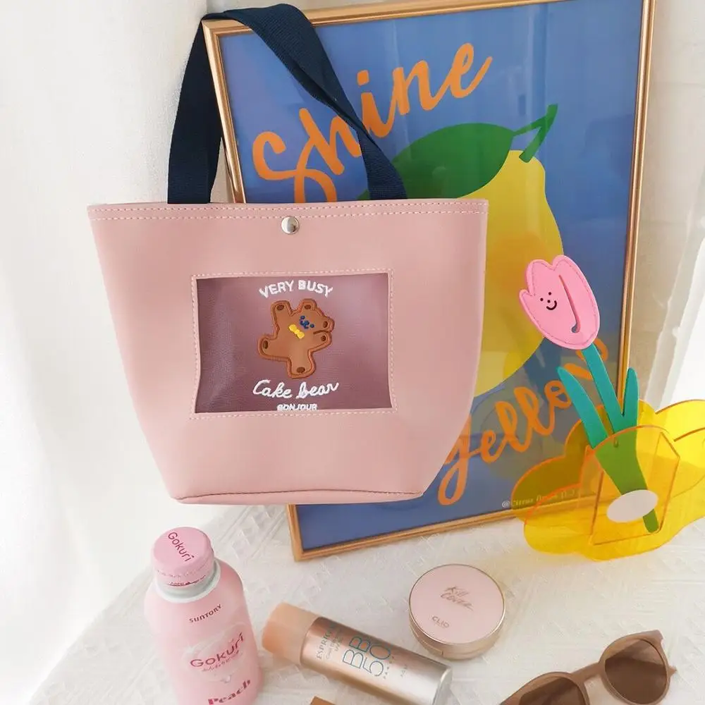 

Cute Bear Flower Mesh Handbag Korea Cosmetic Case Girls Summer Travel Wash Bag Women Daily HandBags Fashion Makeup Leather Cluth