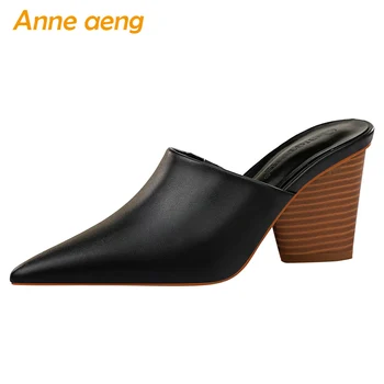

2020 New Summer Outside Women Slippers High Square Heel Pointed Toe Solid Sexy Ladies Women Shoes Black Female Mules Slides