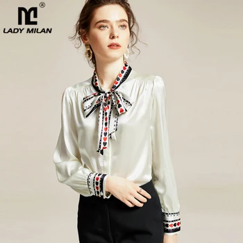 

100% Silk Women's Shirt Printed Bow Collar Long Sleeves Elegant Spring Summer Shirt Blouse Top