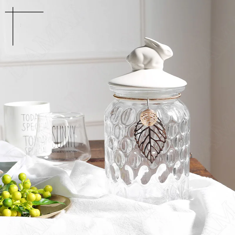 Glass with Lid Storage Jar Rabbit Candy Jars Coffee Table Tea Caddy  Grain Dispenser Home Decoration Crystal Organizer Tank 4
