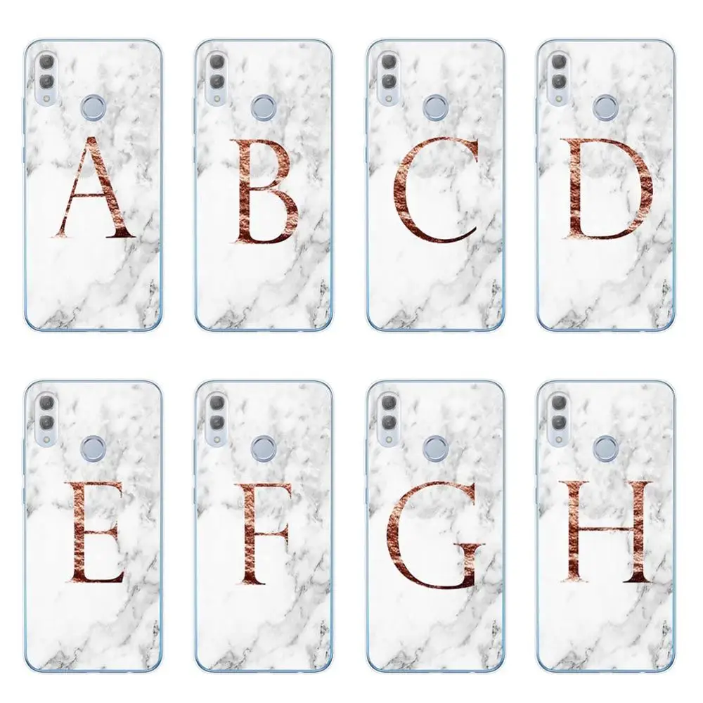 

Letter Monogram A B C D white marble Soft TPU Phone Case For Coque Huawei Honor 10 20 Lite Pro 10i 8X 8C Back Cover Capa Fundas