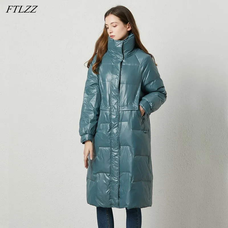 FTLZZ New Winter Stand Collar Long Jacket Women White Duck Down Coat Blue Loose Waterproof Parka Female Thick Warm Snow Outerwer|Пуховики| |