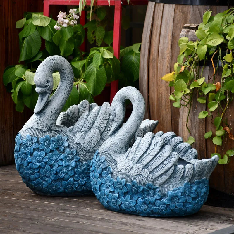 Garden Decoration Courtyard Magnesium Oxide Retro Blue Swan Sculpture Flower Pot Garden Park Landscape Outdoor Sculpture