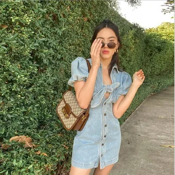 

CHICATWILL 2020 Summer Thailand New Women Denim Dresses Sexy Designer Bowtie Neck Cutout Casual Dress