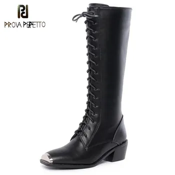 

Prova Perfetto Women Knee High Boots Square Toe Metal Decoration High Botas Mujer Leather Front Lace-up Black Shoes For Wome