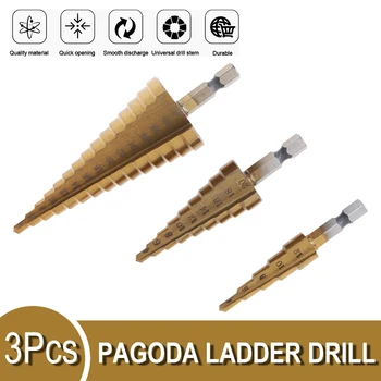 

3pcs/lot High Speed Steel Pagoda Stepped Drill Head with Hexagonal Handle Straight Groove for Electric Drill set Accessories