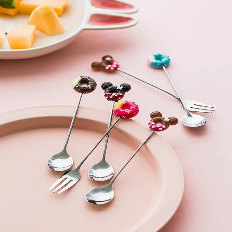 

Cartoon Cute Stainless Steel Donuts Spoon Mickey Spoon Fruit Fork Mini Creative INS Dessert Spoon Fork