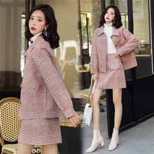 Woolen Small Real Suit Women 2020 Pack Check Woolen Loose Coat Half-body Skirt Twinset