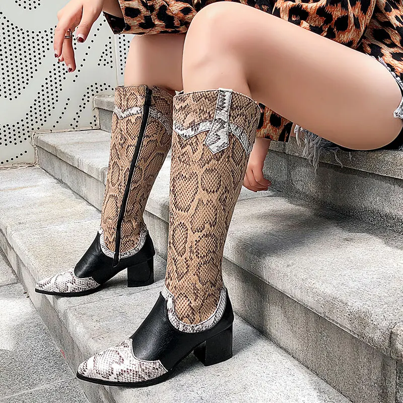 Lsewilly Women Boots Flats Pointed Toe Low-heele Snake Print Western Rodeo Cowboy Long Boots Fashion Female Casual Shoes