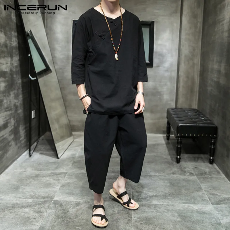 Length-Pants Men-Sets INCERUN Chinese-Style Casual Shirt Mens Suits Streetwear Calf Solid