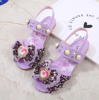 

Elsa Princess Kids Leather Sandals For Girls Casual Glitter Children Flat Heel Girls Shoes Knot Blue Pink Silver Sandals