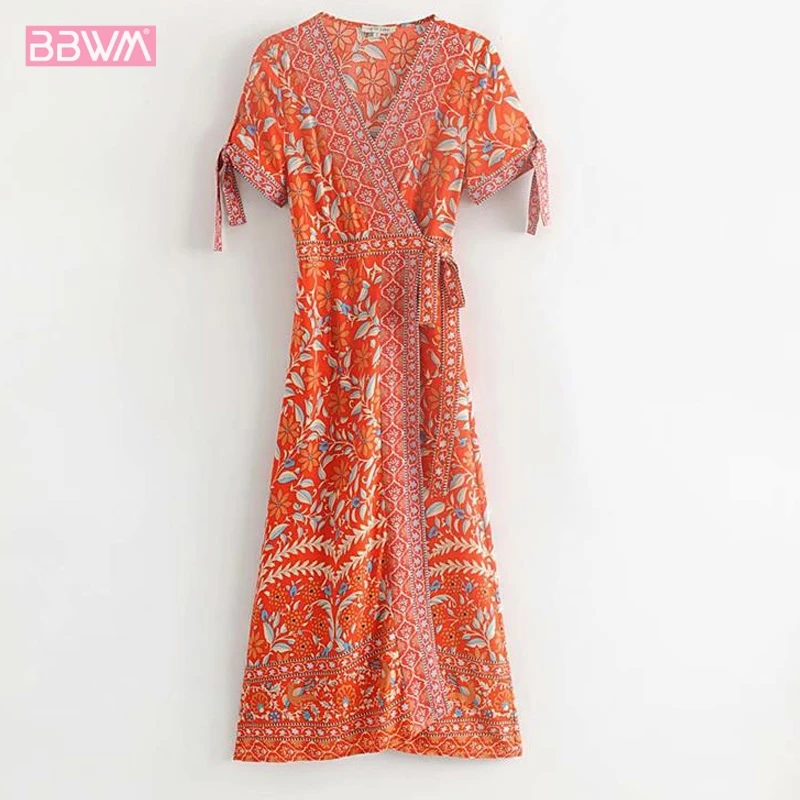 

Ethnic Style French Wrap Short Sleeve V-neck Waist Female Dresses 2019 Summer Bohemian Beach Holiday Women's Dress