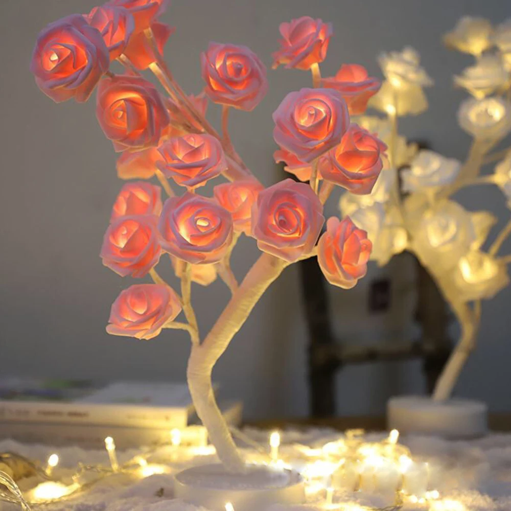 

24LED White Pink Rose Flower Bedside Bedroom Night Light Table Lamp Home Decor Simulation Tree Christmas Wedding Party