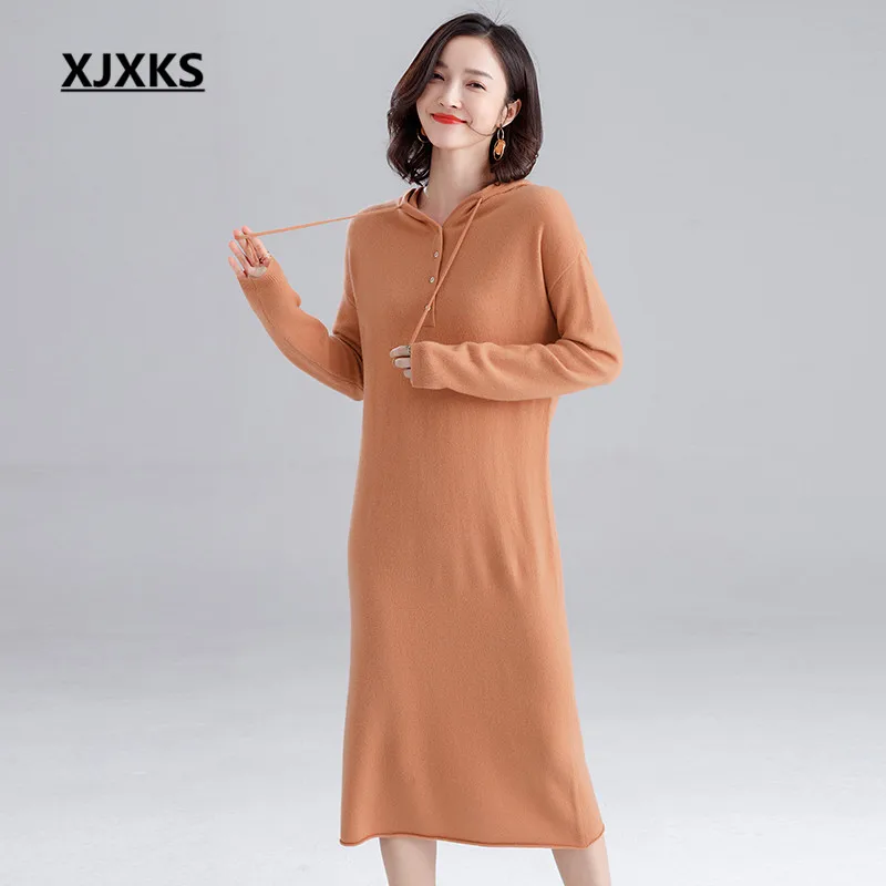 XJXKS wool knitted dress women pullover autumn winter new fashion hooded loose plus size casual women long sweater