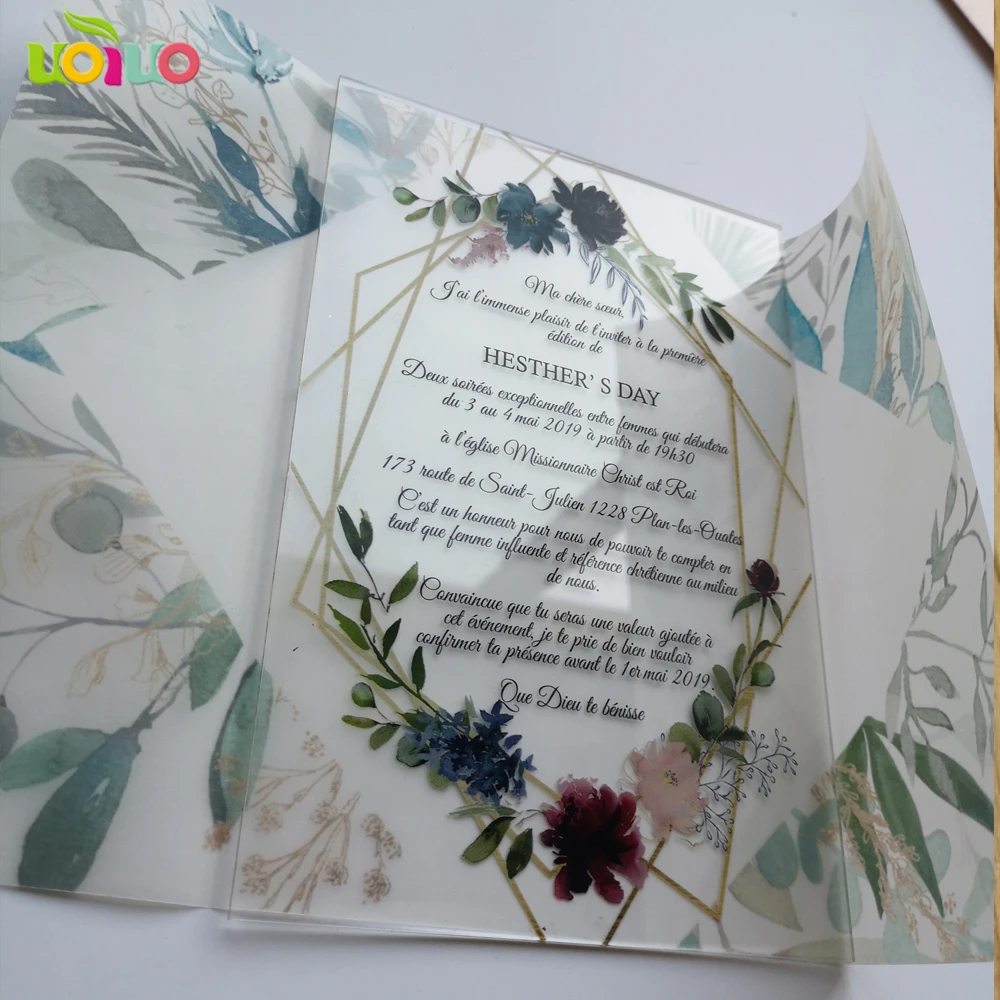 

5pcs hot sell 2020 wedding favor customize printing acrylic wedding invitation card,birthday card with transparent paper wrapper