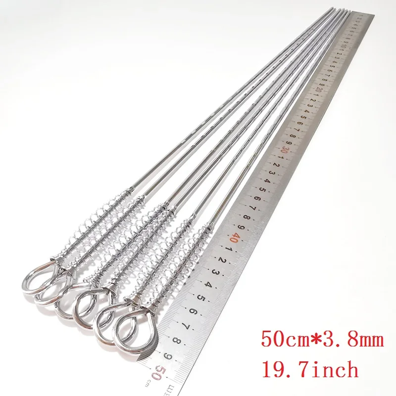 50cm Stainless Steel BBQ Skewer Barbecue Tool Spring Handle Kebab Flat Needle Outdoor Picnic Accessories 6 12pcs