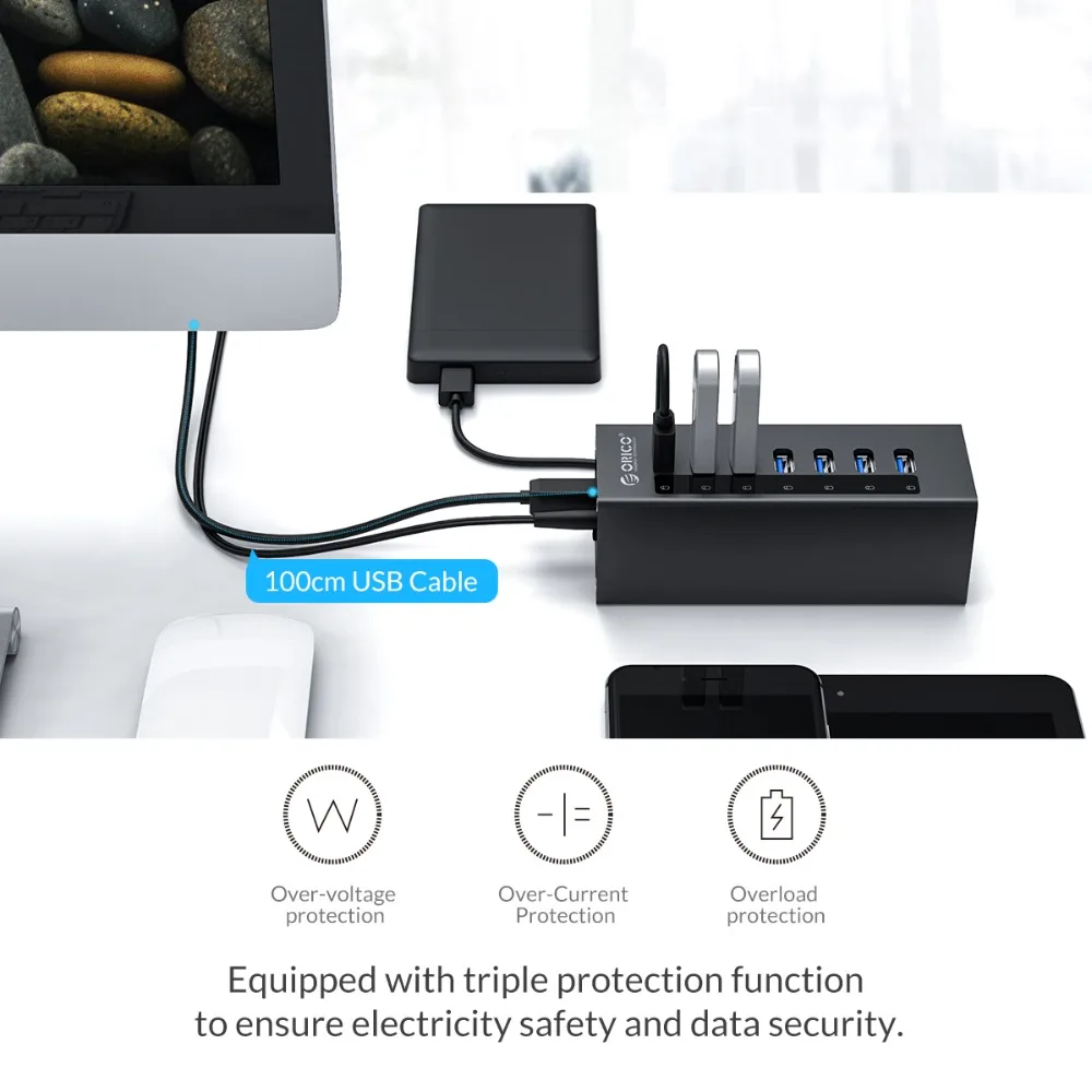 Najtaniej ORICO 7 Port wysokiej prędkości pulpit USB3.0 HUB obsługuje BC1.2 ładowania z zasilaczem aluminium USB Splitter dla Macbook czarny