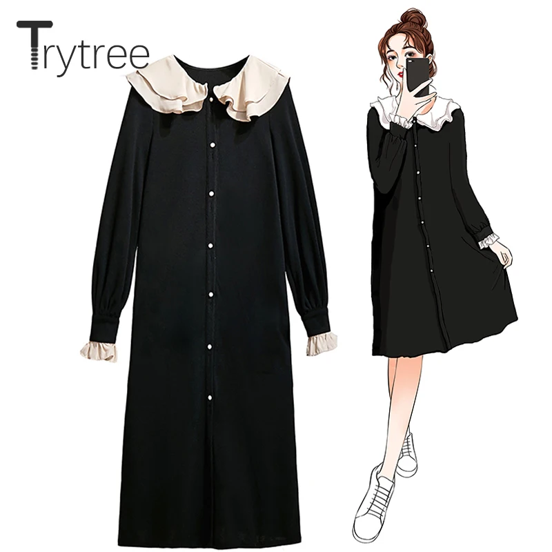 

Trytree 2019 Autumn Women Casual Dress Black Ruffled Collar Butterfly Sleeve Single Breasted Loose Office Lady Mid-Calf Dress