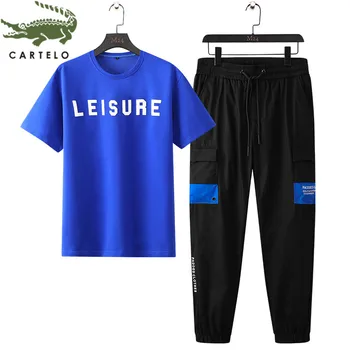 

CARTELO men's clothing new summer fashion letter printed breathable cotton round neck men's casual suit